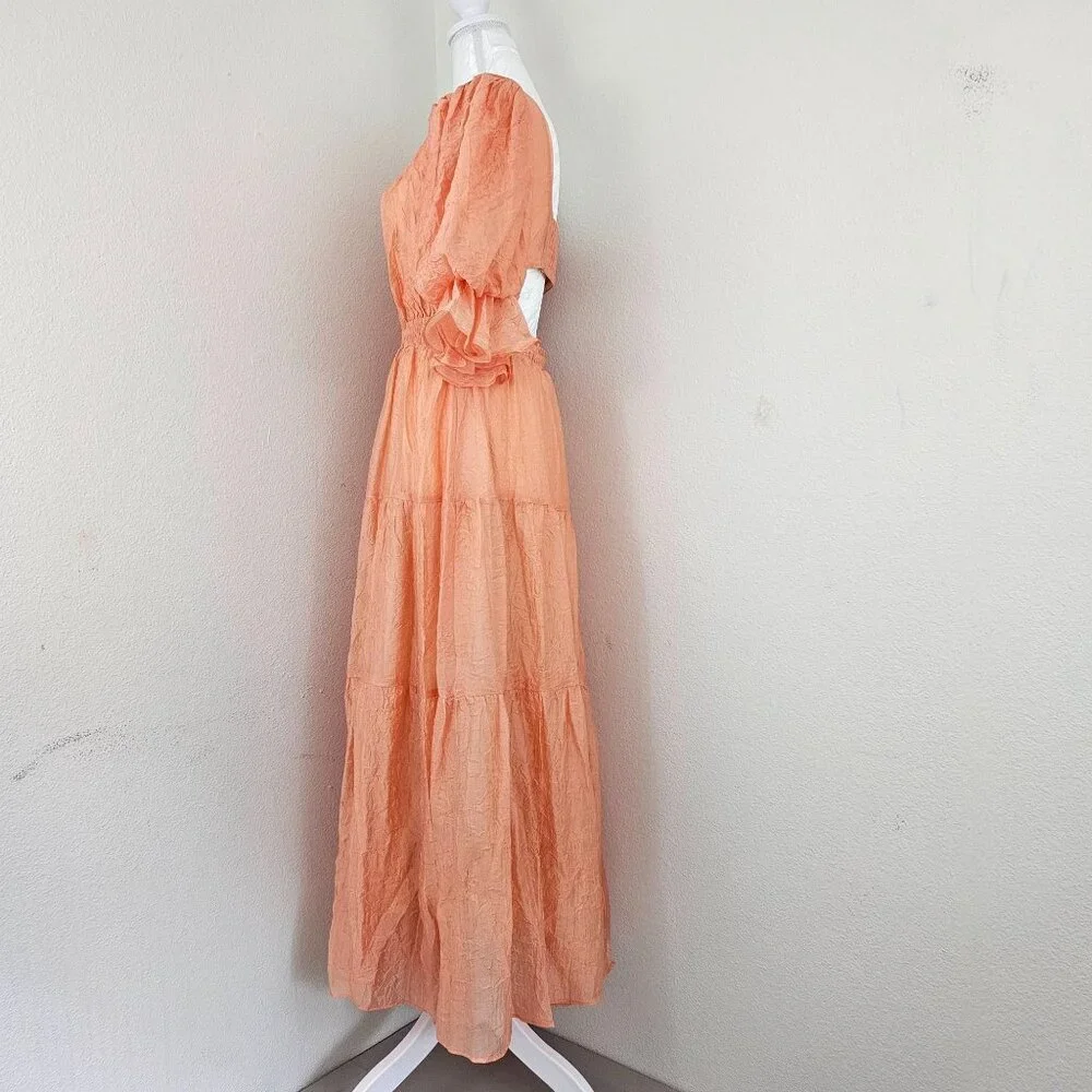 MOON RIVER Womens Sz S Puff Sleeve Tiered Back cutout Midi Dress Coral Cocktail - Picture 4 of 16